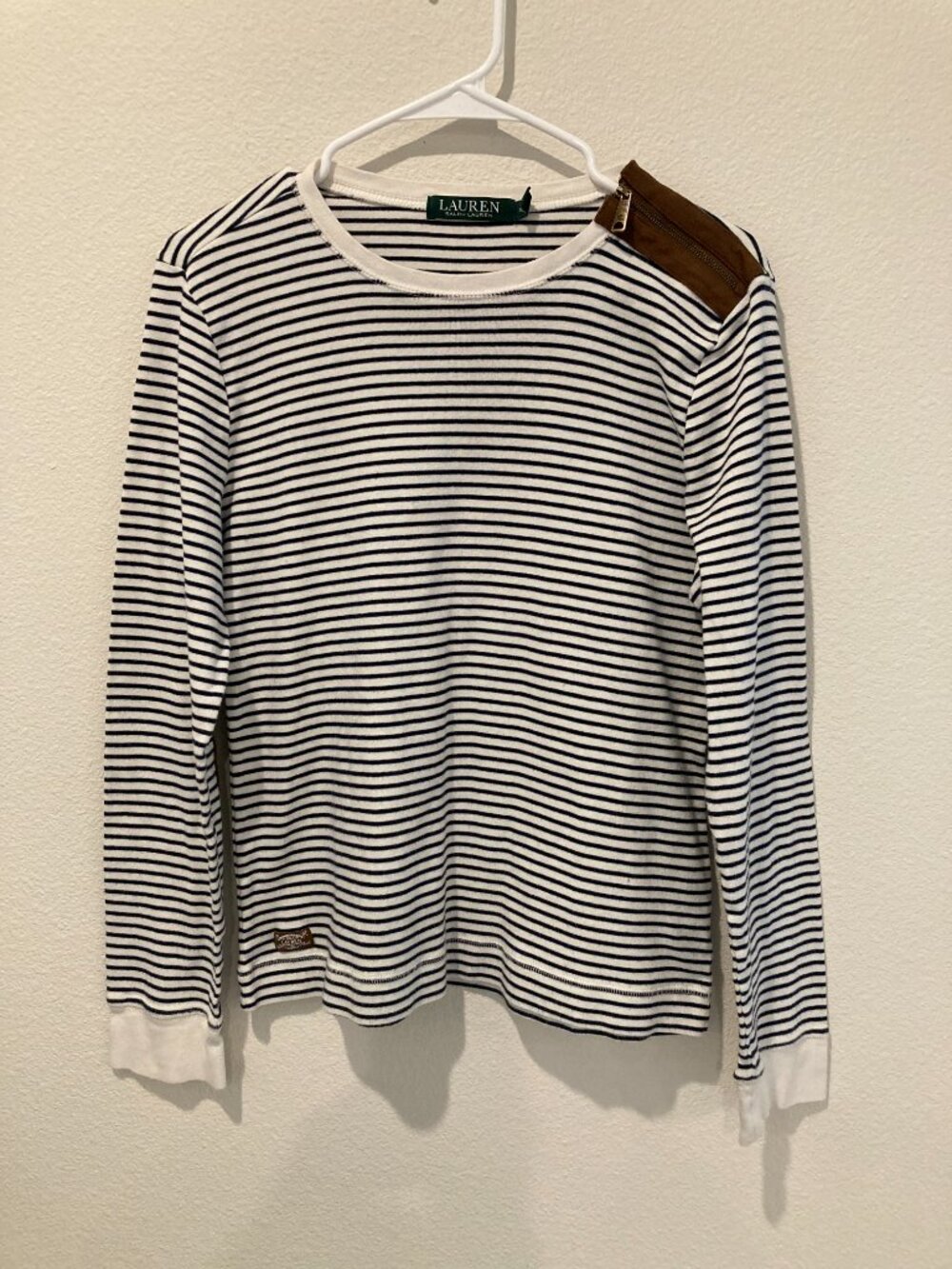 Lauren Ralph Lauren Striped Suede Elbow Patch Top XL